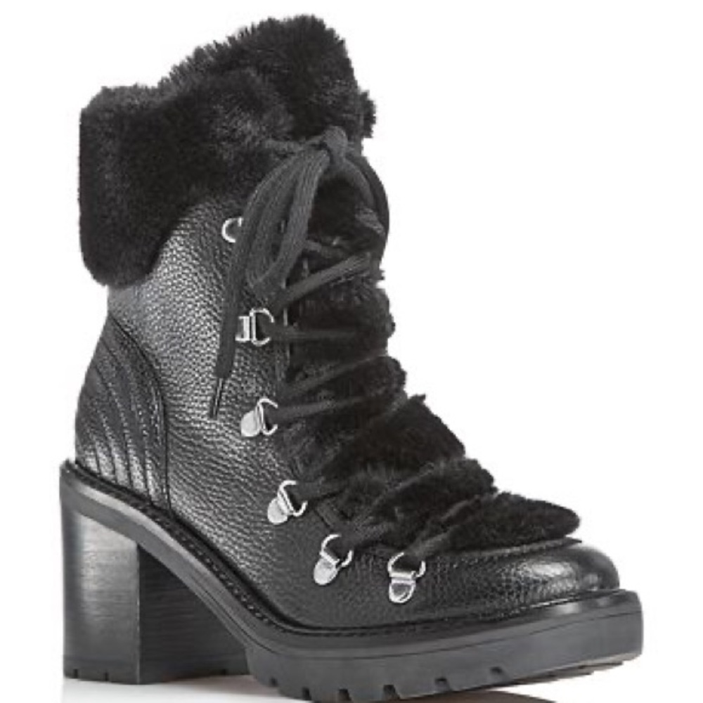 MARC FISHER Daven Leather & Faux-Fur Cuff Lace Up Booties